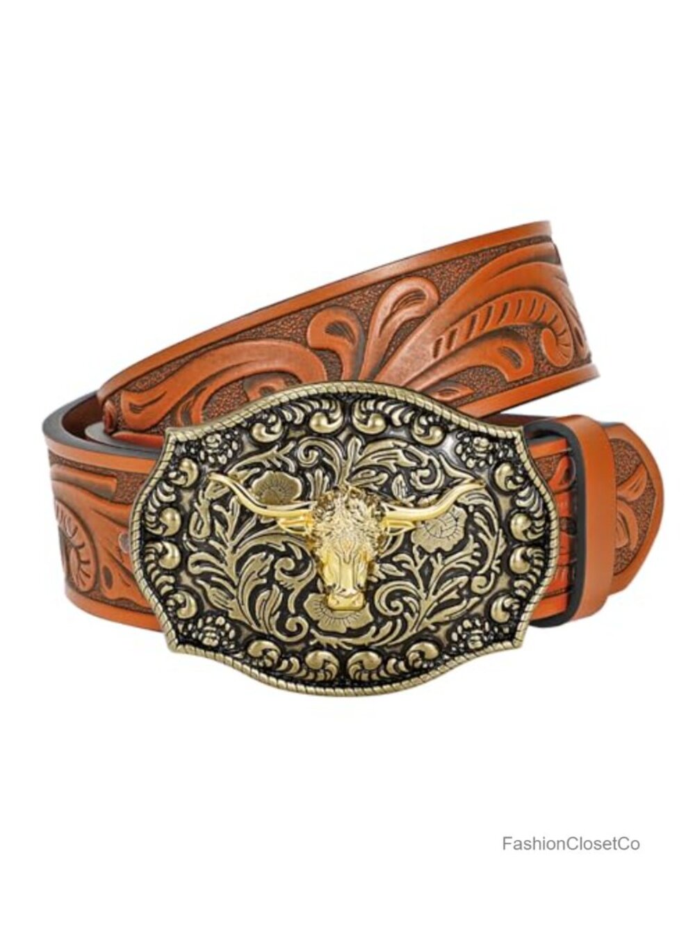 Leather Western Belt Vintage Engraved Buckle Cowgirl Waist Belt